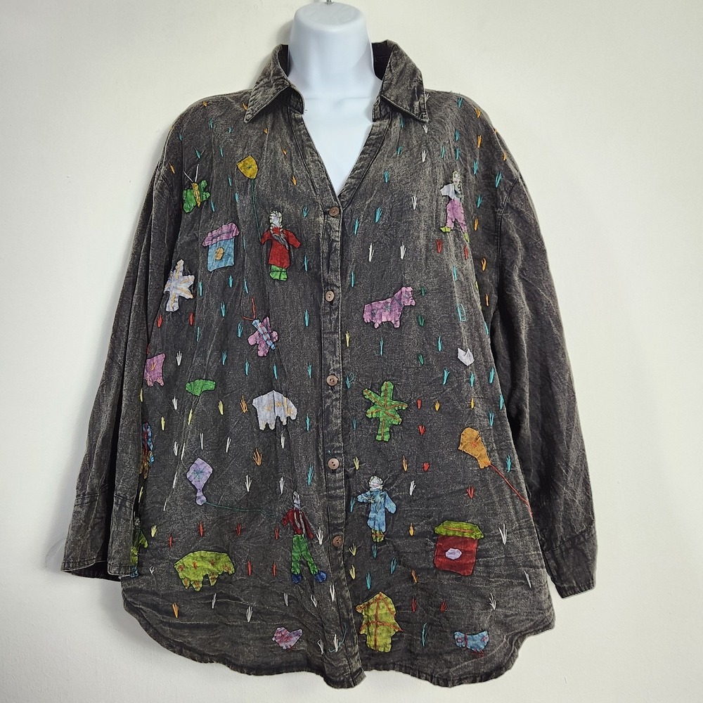 Sacred Threads Sz 2X Handcrafted Applique Embroidered Art Shirt Jacket Boho Folk